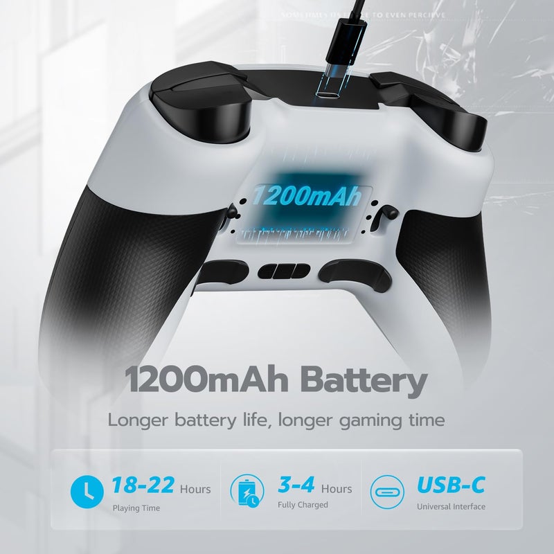 ISHAKO Wireless Gaming Controller with Hall Effect Joysticks&Triggers, 1200mAh Battery, 1000Hz Polling Rate, 4 Back Buttons, RGB Lighting – Works with PC Windows/Mac/Steam/Luna/Tesla/Switch- White - Image 3